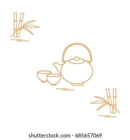 Stylized icon of the teapot with two cups and bamboo. Tea ceremony. Design for banner, poster or print.