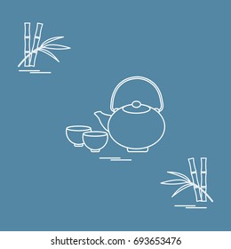Stylized icon of the teapot with two cups and bamboo. Tea ceremony. Design for banner, poster or print.