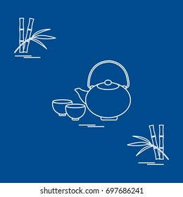 Stylized icon of the teapot with two cups and bamboo. Tea ceremony. Design for banner, poster or print.