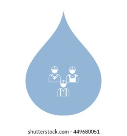 Stylized icon of the three silhouette of oil worker in a colored drop of fuel on a white background