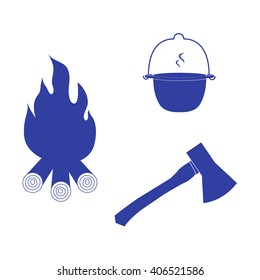 Stylized icon tourism and outdoor recreation: colored pot, fire and ax on a white background