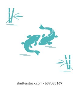 Stylized icon of two carp koi  and bamboo. Travel and leisure. Design for banner, poster or print.