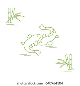 Stylized icon of two carp koi  and bamboo. Travel and leisure. Design for banner, poster or print.