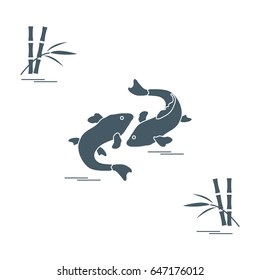 Stylized icon of two carp koi  and bamboo. Travel and leisure. Design for banner, poster or print.