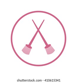 Stylized icon of a two colored crossed paint brushes in a circle on a white background