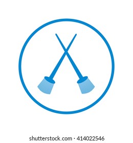 Stylized icon of a two colored crossed paint brushes in a circle on a white background