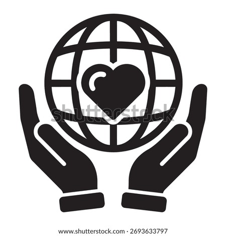 Stylized icon of two hands cradling a globe with a heart inside, symbolizing global care, love, and humanitarianism.