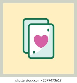 Stylized Icon of Two Playing Cards with Heart Suit on Top Card in White and Green Frame