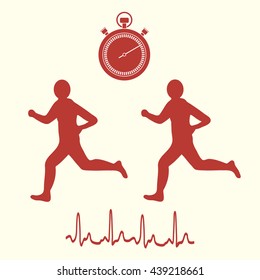 Stylized icon of the two runners with a stopwatch and heart rhythm on a white background