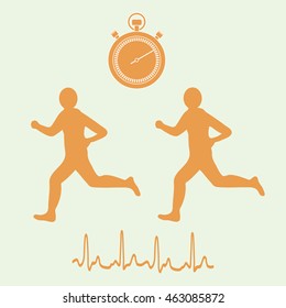 Stylized icon of the two runners with a stopwatch and heart rhythm on a white background