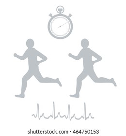 Stylized icon of the two runners with a stopwatch and heart rhythm on a white background