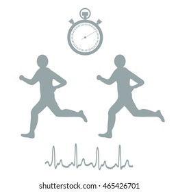 Stylized icon of the two runners with a stopwatch and heart rhythm on a white background