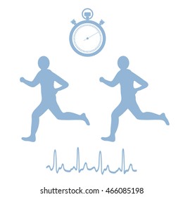 Stylized icon of the two runners with a stopwatch and heart rhythm on a white background