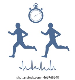 Stylized icon of the two runners with a stopwatch and heart rhythm on a white background