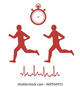 Stylized icon of the two runners with a stopwatch and heart rhythm on a white background