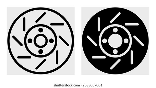 Stylized icon of a ventilated motorcycle disc brake. The line-art and solid-fill versions provide versatility for use in posters, manuals, and digital content related to motorcycle maintenance.