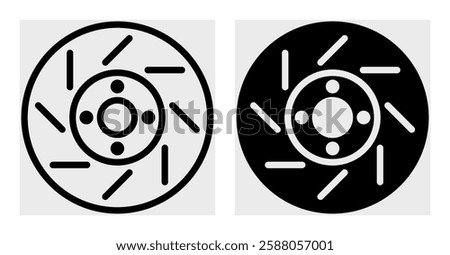 Stylized icon of a ventilated motorcycle disc brake. The line-art and solid-fill versions provide versatility for use in posters, manuals, and digital content related to motorcycle maintenance.