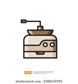 Stylized Icon of a Vintage Coffee Grinder Depicting a Kitchen Appliance for Brewing Fresh Coffee with a Manual Handle and Simple Design on a White Background