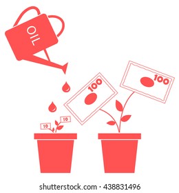 Stylized icon of the watering can pours fuel potted money trees on a white background