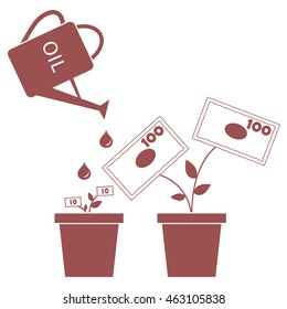 Stylized icon of the watering can pours fuel potted money trees on a white background