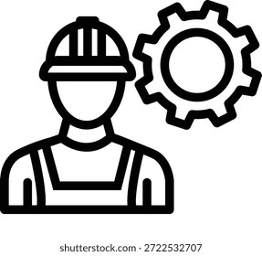 Um ícone estilizado de um trabalhador com um chapéu duro e macacão ao lado de uma engrenagem, simbolizando a indústria e o trabalho mecânico.