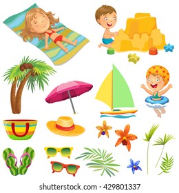 Stylized icons beach set. Cartoon children playing on the beach.