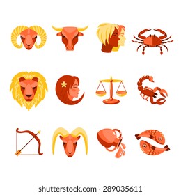 Stylized icons collection of twelve zodiac star signs for every date horoscope flat abstract isolated vector illustration