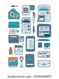 Stylized icons of electronic devices, smartphones, tablets, in a modern flat style