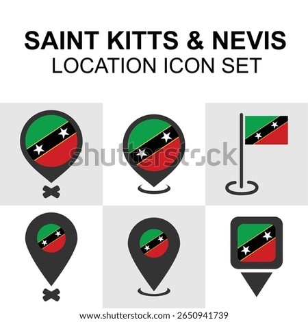 Stylized icons featuring the vibrant flag and location pins of Saint Kitts and Nevis.
