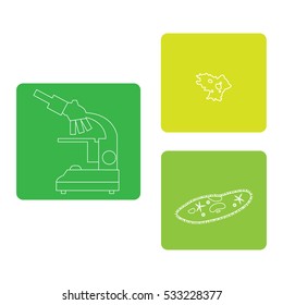 Stylized icons of microscope, amoeba, ciliate-slipper. Magnifying device sign. Laboratory equipment symbol. 