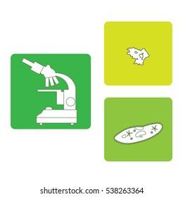 Stylized icons of microscope, amoeba, ciliate-slipper. Magnifying device sign. Laboratory equipment symbol. 