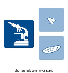 Stylized icons of microscope, amoeba, ciliate-slipper. Magnifying device sign. Laboratory equipment symbol. 
