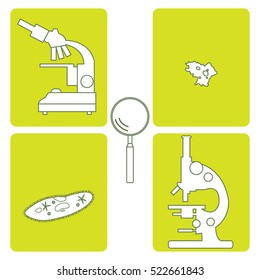 Stylized icons of microscopes, magnifier, amoeba, ciliate-slipper. Magnifying device sign. Laboratory equipment symbol.