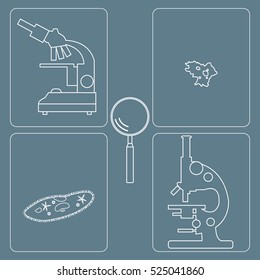 Stylized icons of microscopes, magnifier, amoeba, ciliate-slipper. Magnifying device sign. Laboratory equipment symbol.