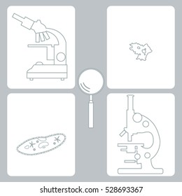 Stylized icons of microscopes, magnifier, amoeba, ciliate-slipper. Magnifying device sign. Laboratory equipment symbol.