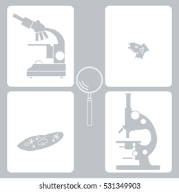Stylized icons of microscopes, magnifier, amoeba, ciliate-slipper. Magnifying device sign. Laboratory equipment symbol.