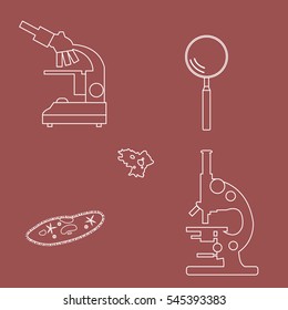 Stylized icons of microscopes, magnifier, amoeba, ciliate-slipper. Magnifying device sign. Laboratory equipment symbol.