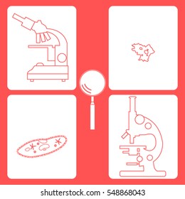Stylized icons of microscopes, magnifier, amoeba, ciliate-slipper. Magnifying device sign. Laboratory equipment symbol.