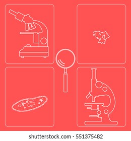 Stylized icons of microscopes, magnifier, amoeba, ciliate-slipper. Magnifying device sign. Laboratory equipment symbol.