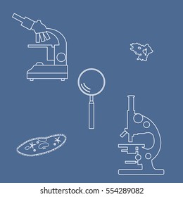 Stylized icons of microscopes, magnifier, amoeba, ciliate-slipper. Magnifying device sign. Laboratory equipment symbol.