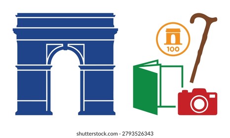 Stylized icons representing the Arc de Triomphe, travel, and leisure activities.