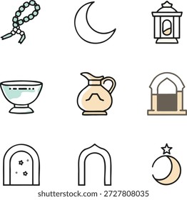Ícones estilizados representando elementos religiosos e culturais islâmicos, incluindo lua crescente, contas de oração, lanterna e motivos arquitetônicos