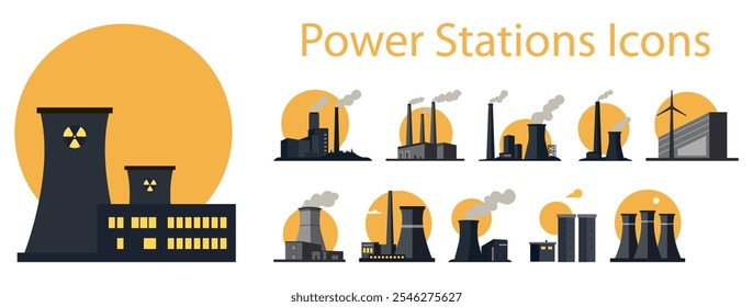 Ícones estilizados que representam várias usinas de energia, incluindo nuclear, carvão e fontes de energia renováveis.