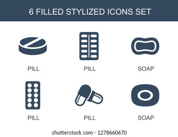 stylized icons. Trendy 6 stylized icons. Contain icons such as pill, soap. stylized icon for web and mobile.