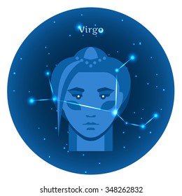 Stylized icons of zodiac signs in the night sky with zodiac bright stars constellation in front. Astrology symbol. Vector flat illustrations. Virgo zodiac sign.