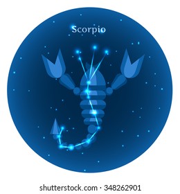 Stylized icons of zodiac signs in the night sky with zodiac bright stars constellation in front. Astrology symbol. Vector flat illustrations. Scorpio  zodiac sign.