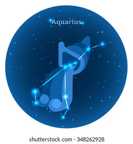 Stylized icons of zodiac signs in the night sky with zodiac bright stars constellation in front. Astrology symbol. Vector flat illustrations. Aquarius zodiac sign.