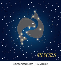Stylized icons of zodiac signs in the night sky with zodiac bright stars constellation in front. Astrology symbol. Vector flat illustrations. Pisces zodiac sign.