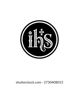 A stylized IHS Christogram, a monogram of Jesus Christ, is prominently displayed within a solid black circular emblem, signifying Christian belief and spirituality.