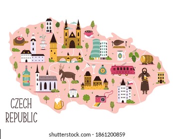 Stylized illustrated map of Czech Republic with symbols, famous landmarks. Vector design, poster.